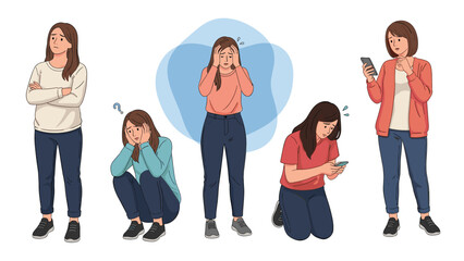 Obraz premium Five different poses of a young woman experiencing stress, anxiety, and sadness while using her smartphone or standing in deep thought.