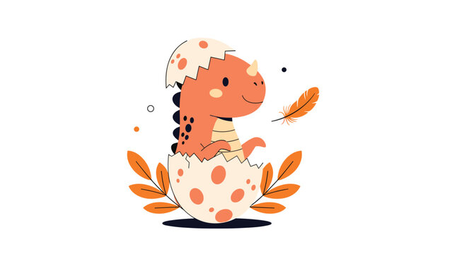 Cute orange baby dinosaur hatching from a spotted egg surrounded by autumn leaves and a floating feather on a white background.