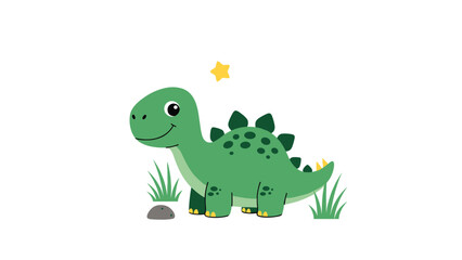 Fototapeta premium Friendly green stegosaurus dinosaur cartoon character standing in a grassy field with a yellow star and grey stone.