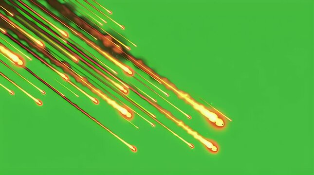 Brilliant orange and yellow fiery projectiles streak diagonally across a vibrant green screen background creating an intense and dramatic visual effect ideal for action composites.