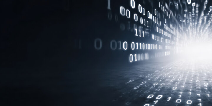 Binary code stream glowing with bright light effect, digital data flow concept with futuristic technology and abstract