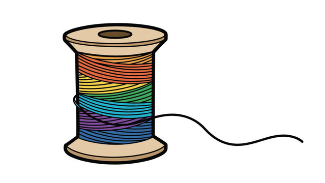 Large wooden spool of thread wound with vibrant rainbow colored yarn, representing sewing, knitting, embroidery, and creative craft projects.