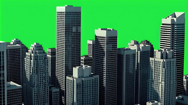 Detailed three dimensional rendering of a dense metropolitan cityscape featuring numerous skyscrapers set against a solid bright green screen ideal for chroma key compositing projects.