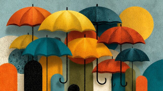 Flat illustration inspired by umbrellas in rainy weather, abstract umbrella forms with raindrop patterns, memphis dots and lines, soft boho textures