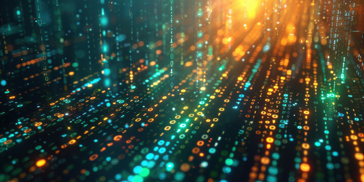 Digital abstract glowing binary code raining down with bright light effect creating futuristic data flow