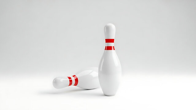 Two white bowling pins with red stripes on a white background