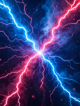 Abstract depiction of vibrant blue and red lightning bolts intersecting in a dynamic cosmic space