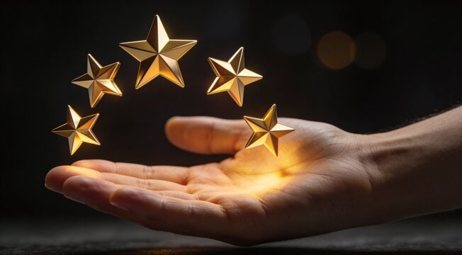 A hand holding glowing golden stars in a dark environment viewed from a slight angle