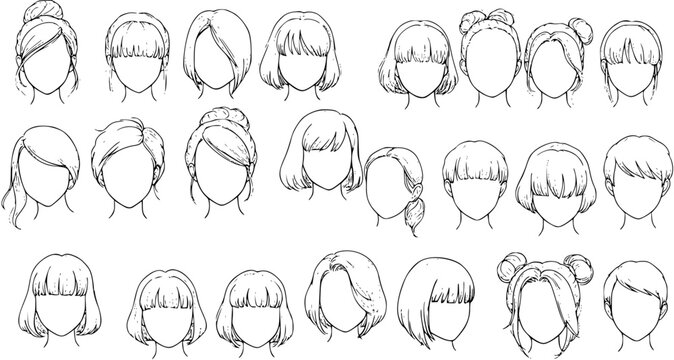Collection of various anime and manga style female hairstyles, including bobs, long hair, updos, and bangs, illustrated as line art on a white background for character design.