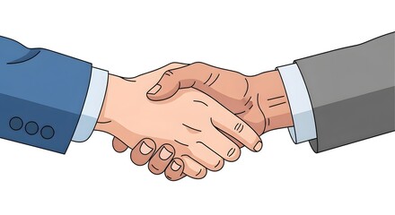 Business Partnership Handshake: A close-up illustration of two hands clasped in a firm handshake, symbolizing a successful partnership, agreement, or professional deal.