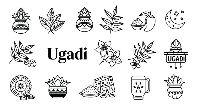 Illustration of various Ugadi festival symbols and icons in black and white on a clean background.