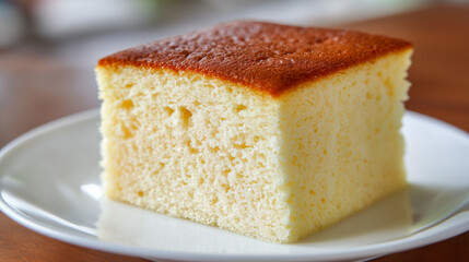 木目調のテーブルに置かれた、きめ細かな断面とこんがりとした焼き色が美しいふわふわの台湾カステラ