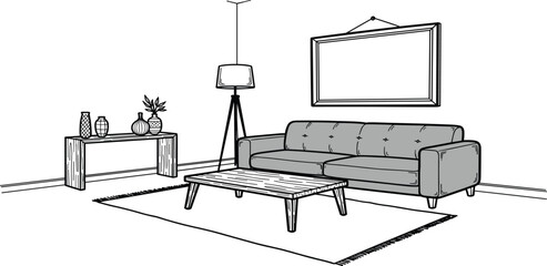 Fototapeta premium Modern living room interior with sofa, coffee table, and lamp viewed from above in a minimalist setting