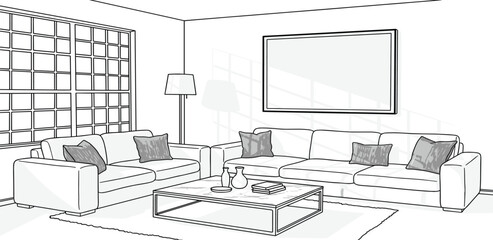 Fototapeta premium Modern living room interior illustration with sofa, coffee table, lamp, and large window viewed from the front