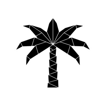 A black silhouette of an oil palm tree designed in a geometric origami style. Ideal for sustainable agriculture branding, eco-friendly logos, and tropical-themed graphic design projects.