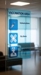 Clear Glass Sign Indicating Vaccination Area With Blue Icons For Immunizations, Flu Shots, and