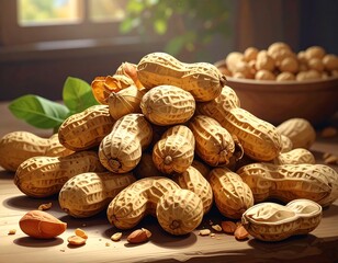 A pile of shelled peanuts, leaves, and a bowl on a wooden surface