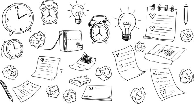 Hand-drawn collection of work and study essentials, including clocks, lightbulbs, papers, writing tools, and wallet, for planning and brainstorming.
