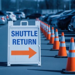 Clear Sign Directing Shuttle Return Path Amidst Parking Lot Traffic With Cones Guiding