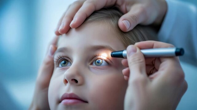 Childs eye being examined by an ophthalmologist with a penlight during a vision test. Pediatric eye care for vision disease prevention.
