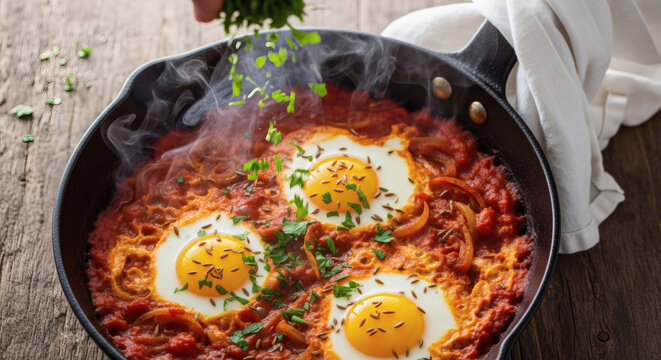 Shakshouka With Poached Eggs And Fresh Herbs On Rustic Wood