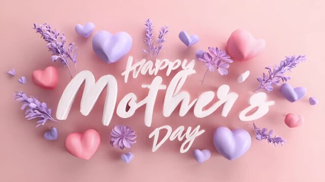 Mothers Day, Valentines Day, love holiday theme. A vibrant pink background with the words Happy Mothers Day surrounded by heartshaped objects and lavender flowers.