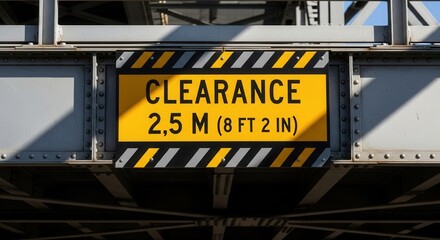 Clearance Sign On A Metallic Bridge, A Safety Alert For Height Restrictions