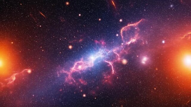 Vibrant nebula with purple and pink gas clouds, surrounded by stars and orange celestial bodies in a deep space background. Perfect for astronomy presentations, educational materials, and