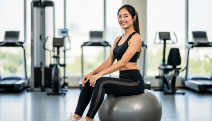 Fototapeta premium Gym Wellness: A vibrant woman takes a moment to pose gracefully on a stability ball, her energy radiating in a well-equipped gym. Reflecting fitness and personal wellbeing.