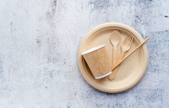 Eco Friendly Disposable Tableware and Sustainable Food Packaging Flat Lay