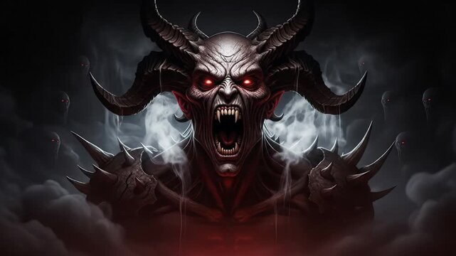 Terrifying Demon with Glowing Red Eyes and Horns, Surrounded by Smoke and Eerie Figures
