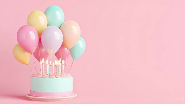 Birthday celebration theme for party event. A pastelcolored birthday cake adorned with numerous lit candles, set against a soft pink background.
