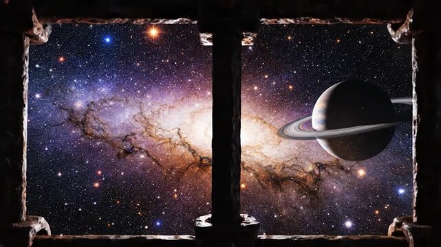 A cosmic view of a and ringed planet seen through rusty prison bars.