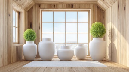 Fototapeta premium Interior view featuring a bright window, wooden walls, decorative vases, and plants