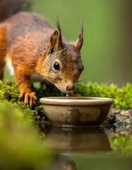 A red squirrel leans down to drink from a small bowl of water