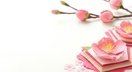 Japanese Traditional Peach Blossom Illustration in Washi Paper Cut and Soft Watercolor Style &ndash; Elegant Hinamatsuri Spring Background with Copy Space