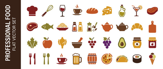 Professional Food and Drink Flat Vector Icon Set with 30 Earthy Toned Symbols Including Chef Hat, Utensils, Meat, Vegetables, Fruits, Beverages, and International Cuisine for Restaurant Menus.