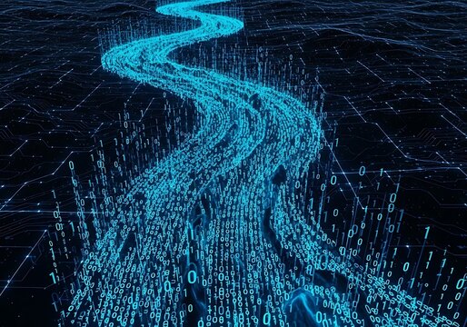 Abstract futuristic binary code stream flowing through a 3D grid, representing data transmission, cyber technology, and digital information exchange in a neon blue, glowing, and vibrant, wit