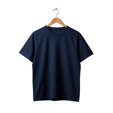 Simple navy blue t-shirt on a wooden hanger isolated on transparent background