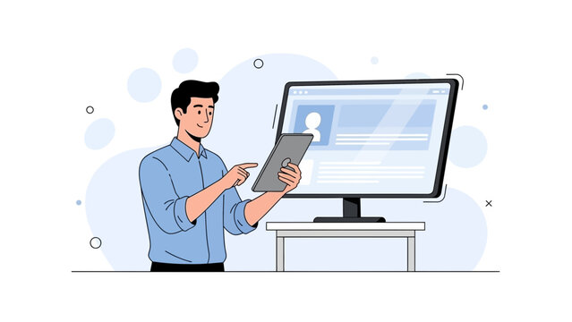 Man using tablet and computer for digital marketing and online business