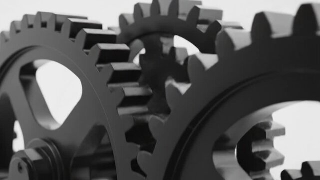 Close-up view of three black interlocking gears rotating smoothly