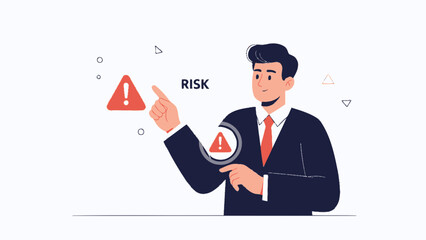 Businessman points to risk warning sign, concept of danger and caution