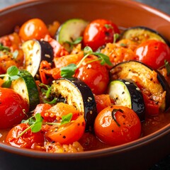 Close-up of a colorful, cooked vegetable medley in a ceramic bowl