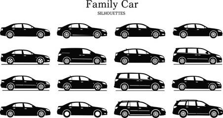 Set of family car silhouettes including sedan, minivan, hatchback, and station wagon vehicle icons for transport and automotive design © Bappi