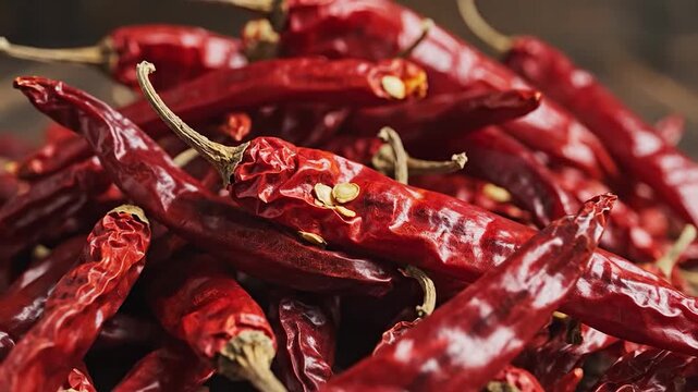 A vibrant pile of dried red chili peppers rests on a rustic surface.