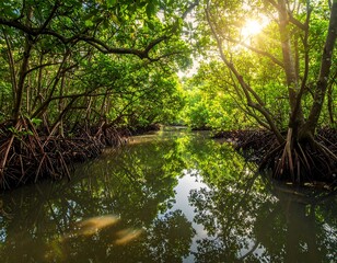 Obraz premium Lush mangrove forest, sunlit canopy reflecting in tranquil water