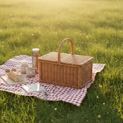 Picnic Basket on Red Plaid Blanket in Green Grass for Outdoor Leisure and Family Outing 야외 레저와 가족 나들이를 위해 푸른 잔디밭 위 돗자리와 피크닉 바구니