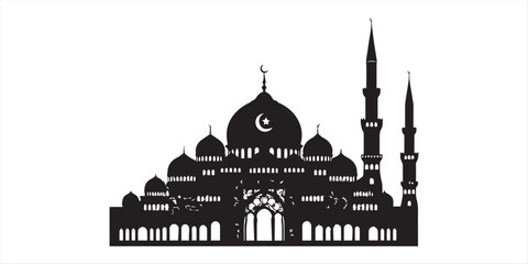 Islamic mosque silhouette with domes and minarets on white background © Topu