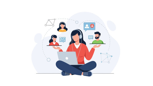 Woman balancing remote work and team communication with laptop and headphones