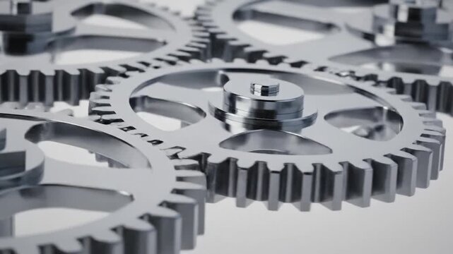 Close-up view of shiny llic gears interlocking and rotating smoothly